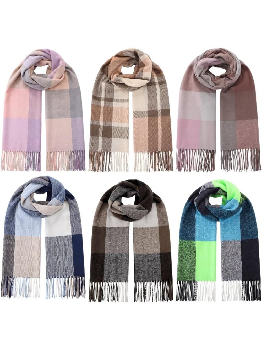 Cozy 6-Piece Long Plaid Winter Scarves Set for Women - Stylish & Warm